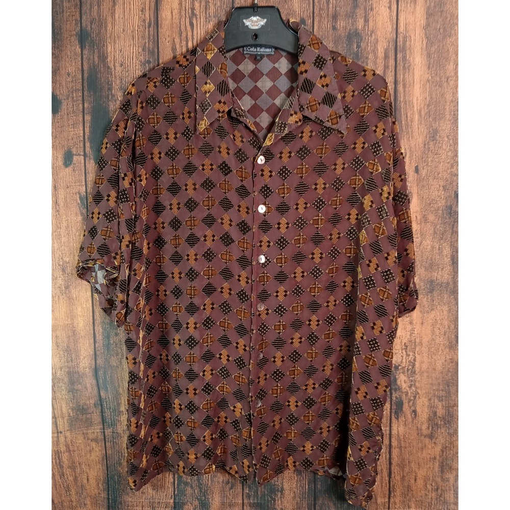 Ceta Italiana Mens XL Silk Rayon Burnout Velvet Diamond Geometric Shirt